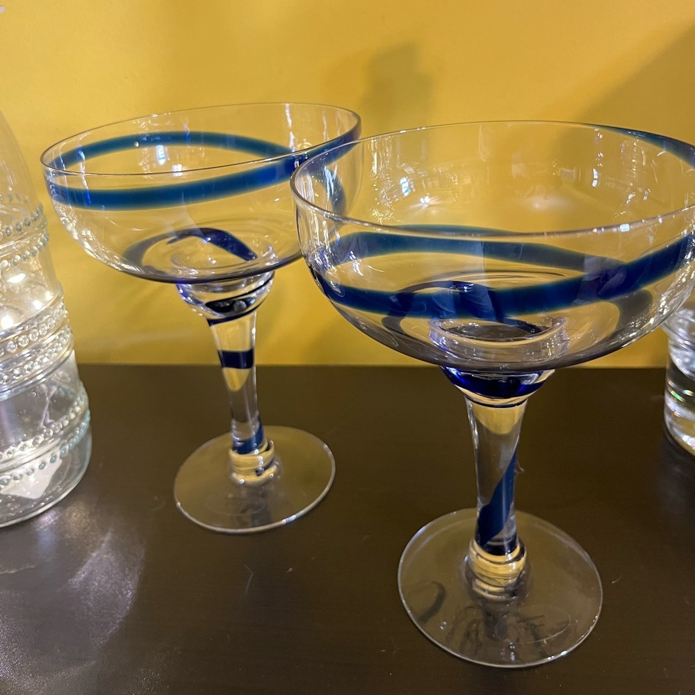 Set of 2 Pier 1 cobalt blue swirl mouthblown margarita glasses